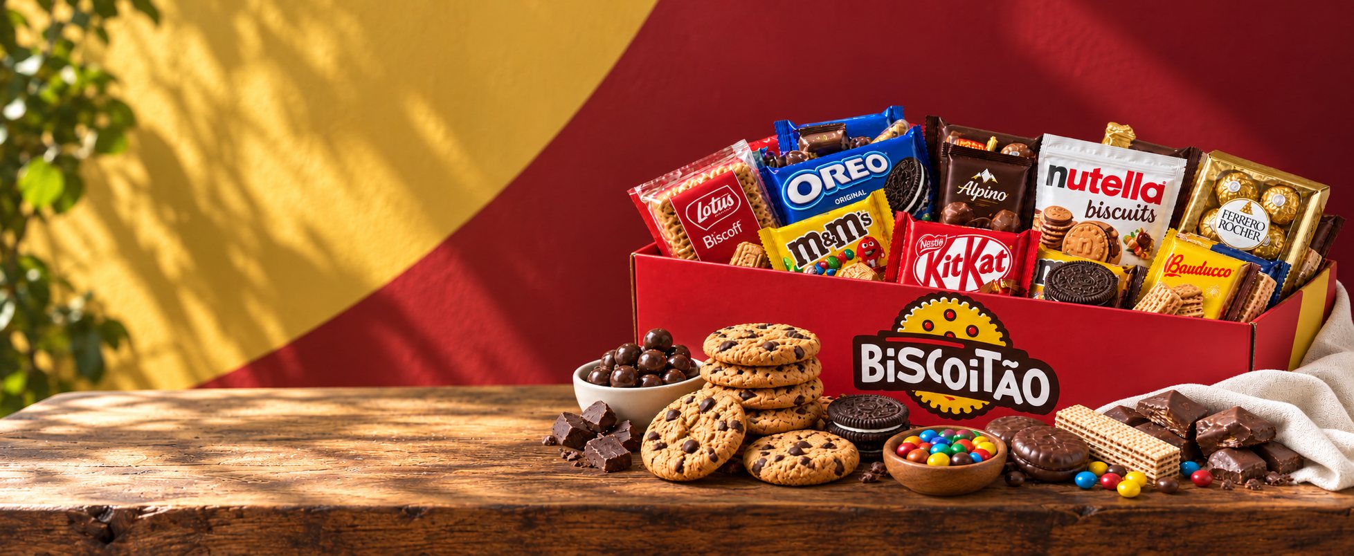 Caixa vermelha do Biscoitão cheia de biscoitos e chocolates sobre uma mesa de madeira, com cookies, confeitos, wafers e um paninho ao lado
